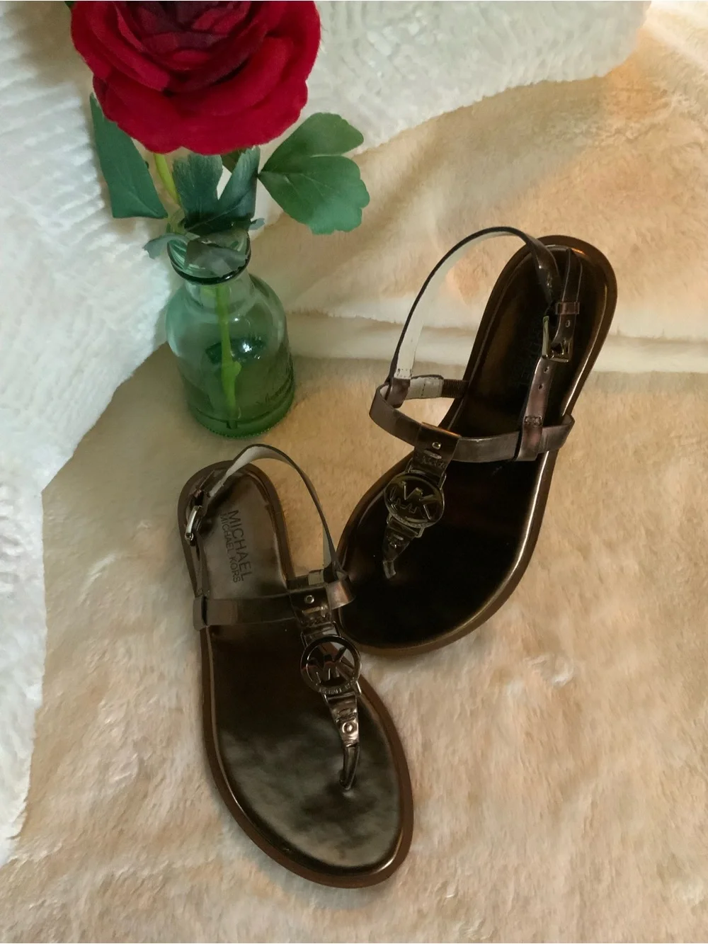 Michael Kors Metallic Brown Logo T-Strap Sandals